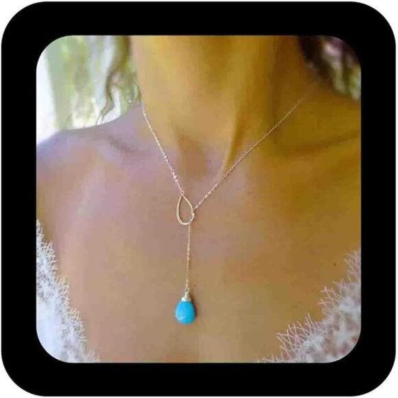 Delicate Teardrop Turquoise Y Necklace Chain Long Bohemian Minimalist Lariat - Picture 1 of 5